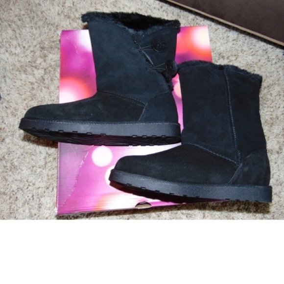 Womens Winter Boots SO Black 7 Mid Calf Pull On Plush Suede Button Fx Fur Trim - Picture 10 of 11